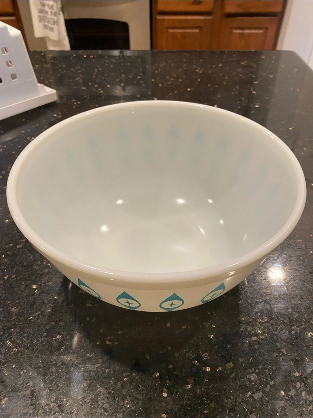Pyrex White Mixing Bowl with Teal Mid-Century Atomic Eyes Pattern